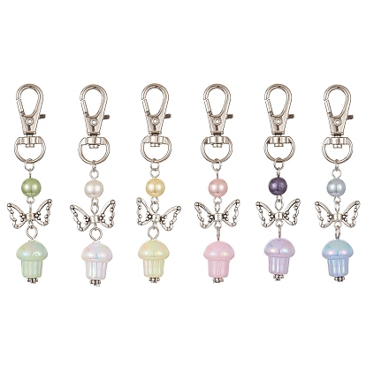 UV Plating Rainbow Iridescent Opaque Acrylic Mushroom Pendant Decoration, Butterfly Alloy Beads with Swivel Lobster Claw Clasps Charm