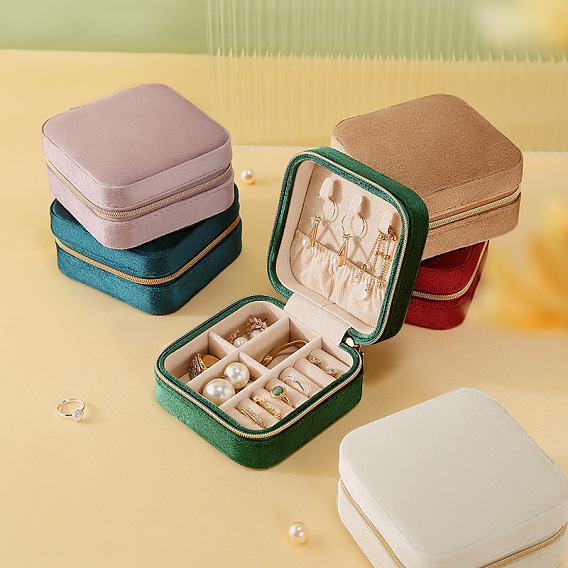 Square Velvet Jewelry Storage Zipper Boxes, Portable Travel Jewelry Organizer Case for Rings, Earrings, Necklaces, Bracelets Storage
