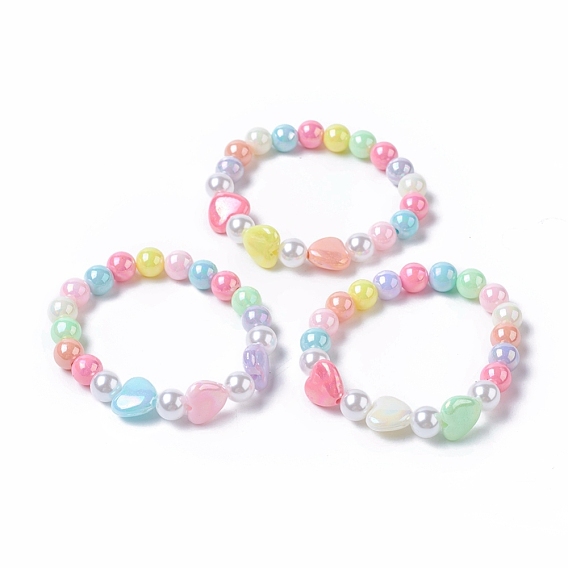 Bracelets extensibles en perles acryliques pour enfants, avec perle imitation plastique écologique ronde et coeur acrylique opaque plaqué couleur ab