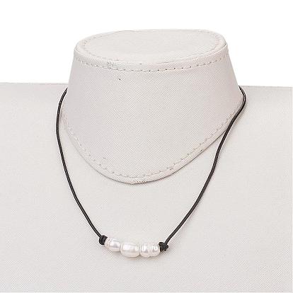 Grade B Natural Freshwater Pearl Necklaces, with Cowhide Leather Cord