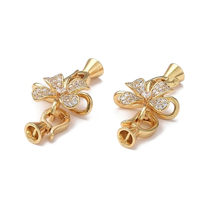 Rack Plating Flower Brass Pave Clear Cubic Zirconia Fold Over Clasps, Cadmium Free & Lead Free, Long-Lasting Plated