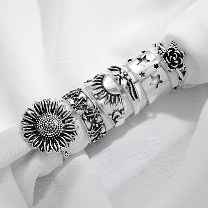 6 piezas 6 estilos anillos de dedo de aleación floral retro, anillos estilo bohemia para mujer