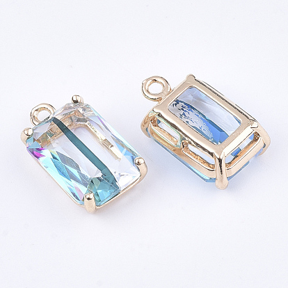 Transparent Glass Pendants, for DIY Jewelry Making, with Brass Findings, Faceted, Rectangle, AB Color Plated, Light Gold