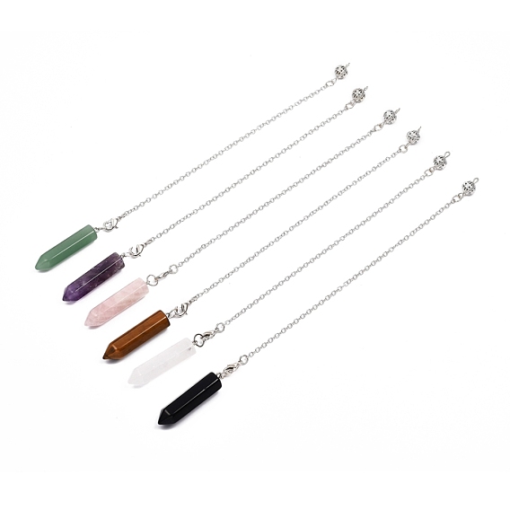 Natural Gemstone Pointed Dowsing Pendulums, with Platinum Plated Brass Curb Chains, Bullet