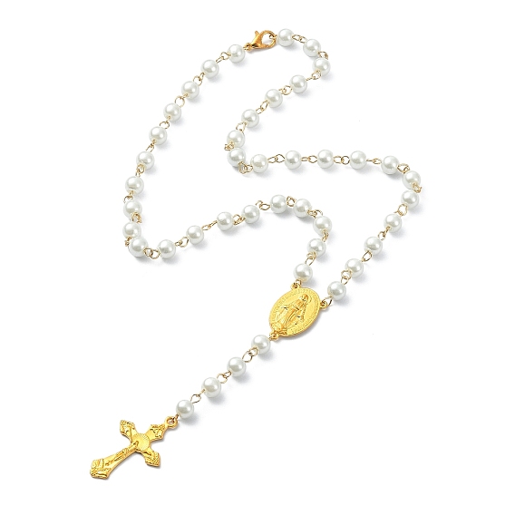 Collares de cuentas de rosario de perlas de vidrio, Collar con colgante de cruz de crucifijo de aleación y Virgen María