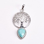 Brass Pendants, Gemstone, Faceted, Hollow Flat Round with Tree of Life and Teardrop, Platinum