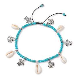 Bracelet de cheville à breloque tortue en alliage et coquillage naturel, Bracelets de cheville réglables en perles tressées turquoise synthétique sur le thème de l'océan