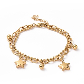 Placage ionique (ip) 304 bracelet multi-rangs à chaînes doubles en acier inoxydable avec breloques étoiles pour femme