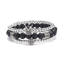 3Pcs 3 Style Round Synthetic Black Stone & Hematite Beaded Stretch Bracelets Set, Gemstone Bracelets with Ball Crown Hexagon for Women