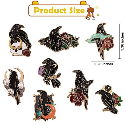 8 piezas 8 pin de esmalte de pájaro cuervo estilo, broche de esmalte de aleación para ropa de mochila, la luz de oro