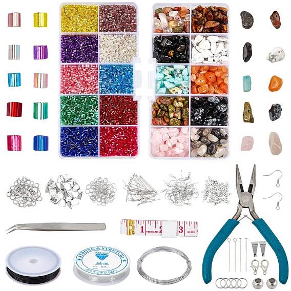 Kits de bijoux diy, avec des perles de pierres fines, perles de verre fgb, anneaux de saut en fer et crochets de boucle d'oreille, fil de cristal élastique et 304 pinces en acier inoxydable