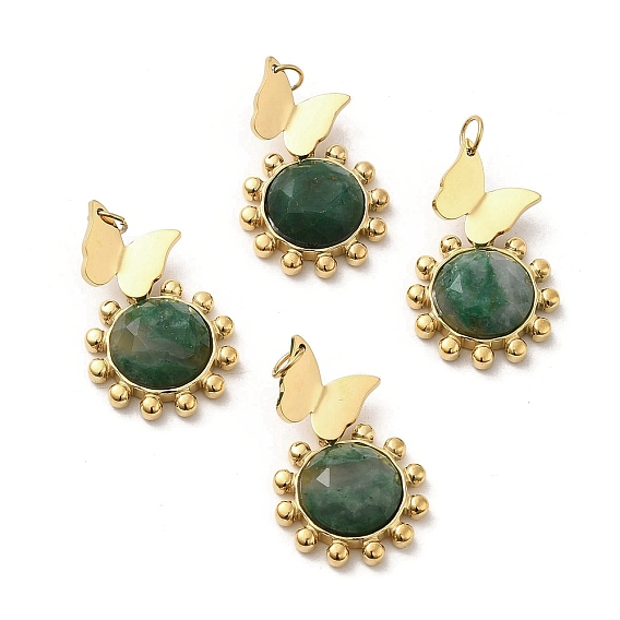 Natural African Jade Faceted Sun Pendants, Ion Plating(IP) Golden Tone 304 Stainless Steel Butterfly Charms
