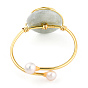 Anillo de puño abierto de jadeíta natural con cuentas de perlas, anillo de vórtice envuelto en alambre de latón para mujer