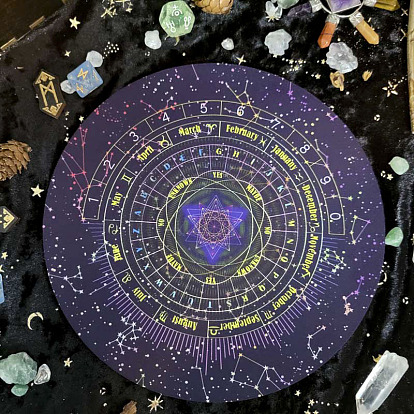 Round Eco-friendly Rubber Pendulum Altar Mats, Starry Sky Rubber Pad for Divination, 12 Constellations Tablecloth, Tarot Card Cloth