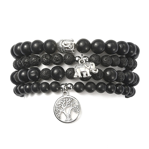 Ensembles de bracelets en perles rondes en shungite naturelle et pierre de lave, Avec hématite synthétique non magnétique, bracelet en alliage avec pendentif arbre de vie et éléphant