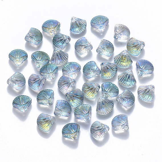 Perlas de vidrio pintado en aerosol transparente, cuentas perforadas superiores, color de ab chapado, forma de vieira