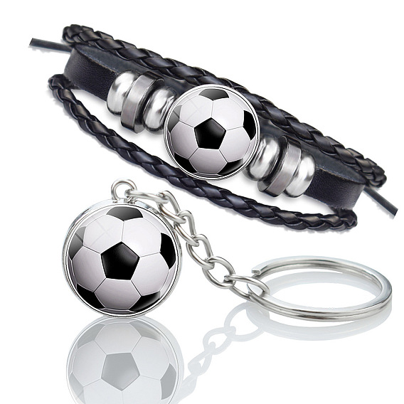 Ensemble de bijoux de football en verre, bracelets et porte-clés multi-brins triple couche en cuir pu, avec les accessoires en alliage