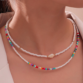 Handmade Beaded Necklace with Colorful Rice Beads - Shell Pendant, Country Style, Collarbone Chain.