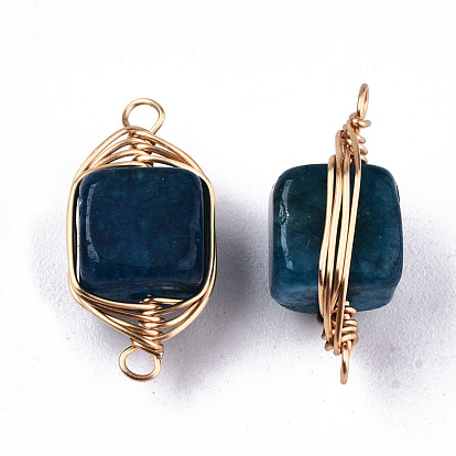 Natural Agate Links Connectors, Light Gold Tone Brass Wire Wrapped, Cube