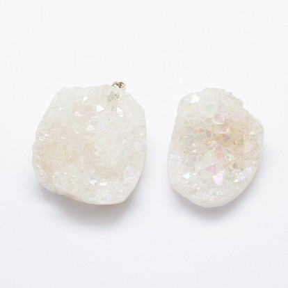 Electroplated Natural Druzy Crystal Pendants, with Real Platinum Plated Brass Finding, Nuggets
