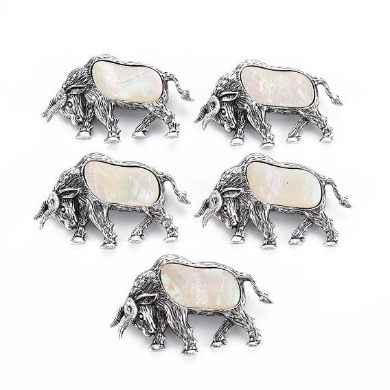 Cow Alloy Brooch, Natural Shell Lapel Pin with Loop for Backpack Clothes Pendant Jewelry, Cadmium Free & Lead Free, Antique Silver