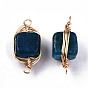 Natural Agate Links Connectors, Light Gold Tone Brass Wire Wrapped, Cube