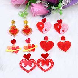 Red Acrylic Heart Dangle Stud Earring for Valentine's Day