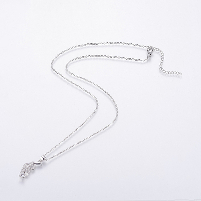 304 Stainless Steel Chain Necklaces, with Brass Micro Pave Cubic Zirconia Pendants, Leaf