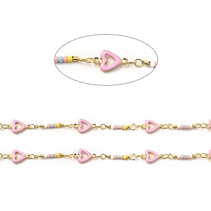 Brass Enamel Heart Link Chains, with Glass Seed Beaded, Real 18K Gold Plated, Soldered, with Spools