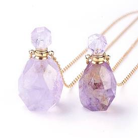 Natural Gemstone Openable Perfume Bottle Pendant Necklaces, with 304 Stainless Steel Cable Chain and Plastic Dropper, Bottle