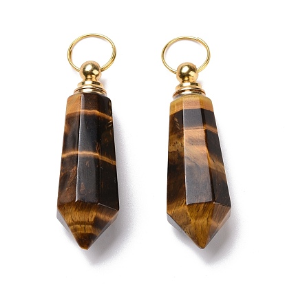 Natural Tiger Eye Openable Perfume Bottle Pendants, with Golden Tone Brass Findings, Faceted Bullet Charm