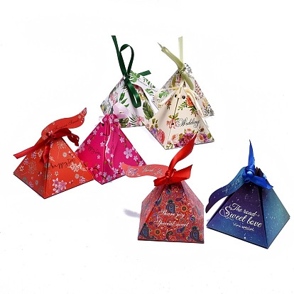 Boîte d'emballage de bonbons en forme de pyramide, coffret cadeau fête de mariage joyeux jour, avec ruban et carte papier, motif de fleur / ciel étoilé