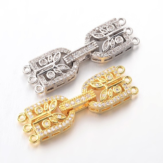 Brass Micro Pave Cubic Zirconia Fold Over Clasps, Lead Free & Nickel Free, 34x10x4mm, Hole: 1mm
