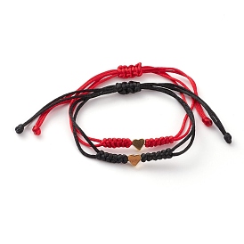 Unisex Adjustable Nylon Thread Braided Bead Bracelets, with Golden Plated Brass Heart Beads