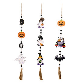Halloween Wood Bead Tassel Tree Ornaments, Pumpkin Ghost Gnome Bat Bead Wall Hanging Garland for Home Party Decorations