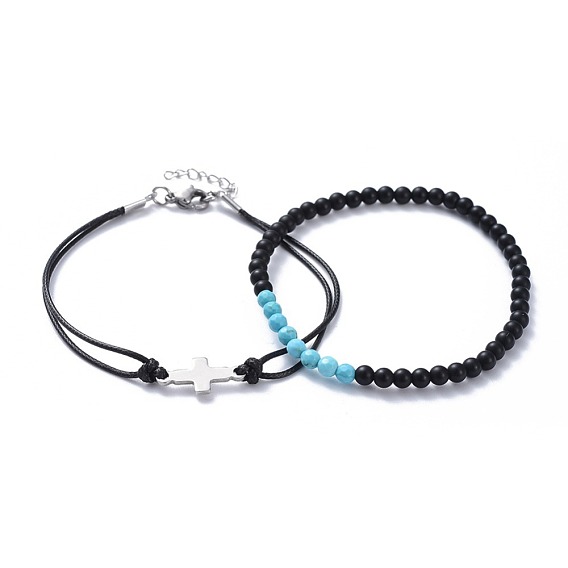 Men's Bracelets Sets, with Natural Lava Rock Beads, Faceted Synthetic Turquoise(Dyed) Beads, 304 Stainless Steel Findings and Korean Waxed Polyester Cord