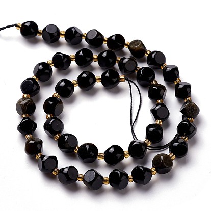 Natural Golden Sheen Obsidian Beads Strands, with Seed Beads, Six Sided Celestial Dice