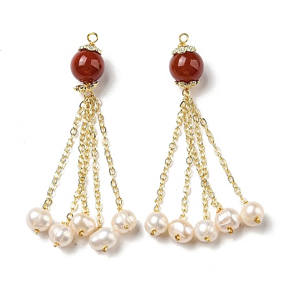 Natural Red Agate Round Big Pendants, Natural Freshwater Pearl Tassel Charms with Brass Chains