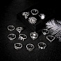 14Pcs 14 Style Rhinestone Finger Rings Set, Flower & Leaf & Moon & Crown Alloy Stackable Rings for Women