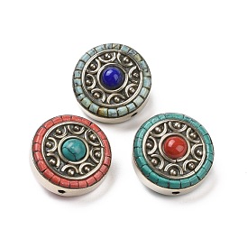 Handmade Tibetan Style Beads, with Brass Findings and Synthetic Turquoise, Flat Round, Antique Silver