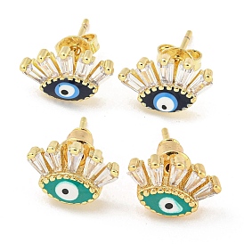 Evil Eye Real 18K Gold Plated Brass Stud Earrings, with Enamel and Clear Cubic Zirconia