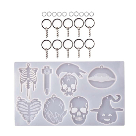 Bricolage silicone halloween thème pendentif moules et porte-clés et anneau de saut ensemble, moules de résine, pour la résine UV, fabrication de bijoux en résine époxy, citrouille/squelette/lèvre