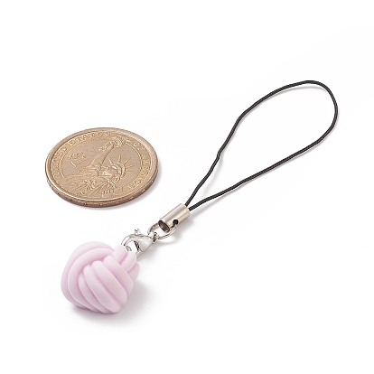 Square Yarn Ball Opaque Resin Mobile Strap, with Cord Loop, Alloy Lobster Claw Clasps