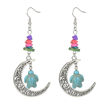 Croissant de lune turquoise synthétique teint avec boucle d'oreille pendante tortue, boucles d'oreilles longues en alliage d'argent antique