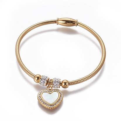 304 Stainless Steel Charms Bangles, with Polymer Clay Rhinestone, Shell and Magnetic Clasps, Heart