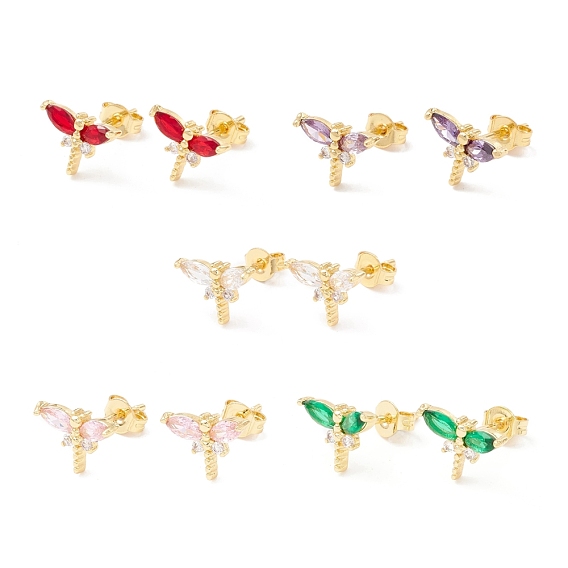 Brass Micro Pave Cubic Zirconia Stud Earring, 
Real 18K Gold Plated, Dragonfly