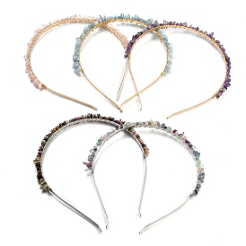 Brass Wire Wrapped Natural Gemstone Chip Hair Bands, with 304 Stainless Steel Hair Hoop, Hair Accessories for Women Girls