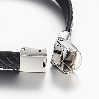 Cuir PU bracelets de corde tressés, avec 304 accessoire en acier inoxydable, rectangle avec la croix