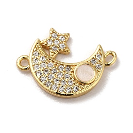 Eco-Friendly Rack Plating Brass Micro Pave Clear Cubic Zirconia Connector Charms, with Enamel, Long-Lasting Plated, Lead Free & Cadmium Free, Moon with Star