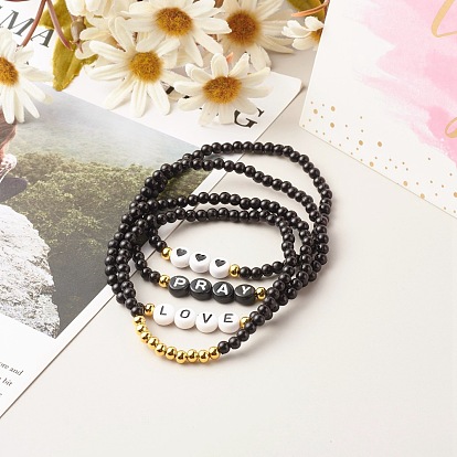 Pray & Love Acrylic Beads Stretch Bracelet Set for Gift, Stackable Bracelets with Heart Pattern